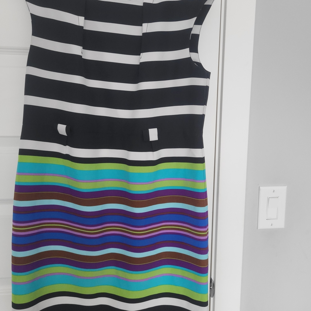 Emma & Michele Sleeveless Midi Dress in Black with Multicolor Stripes